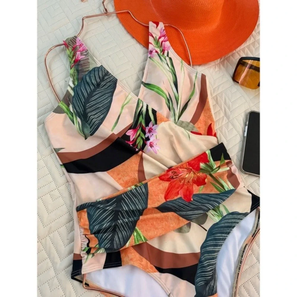 IDOPIP Floral One‎ Piece Swimsuit Padded Wrap Front Tropical Print Beachwear M